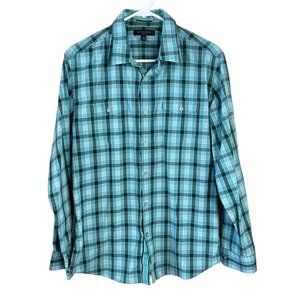 Banana Republic Slim Fit‎ Plaid Shirt Mens M Blue Green Button Front Long Sleeve
